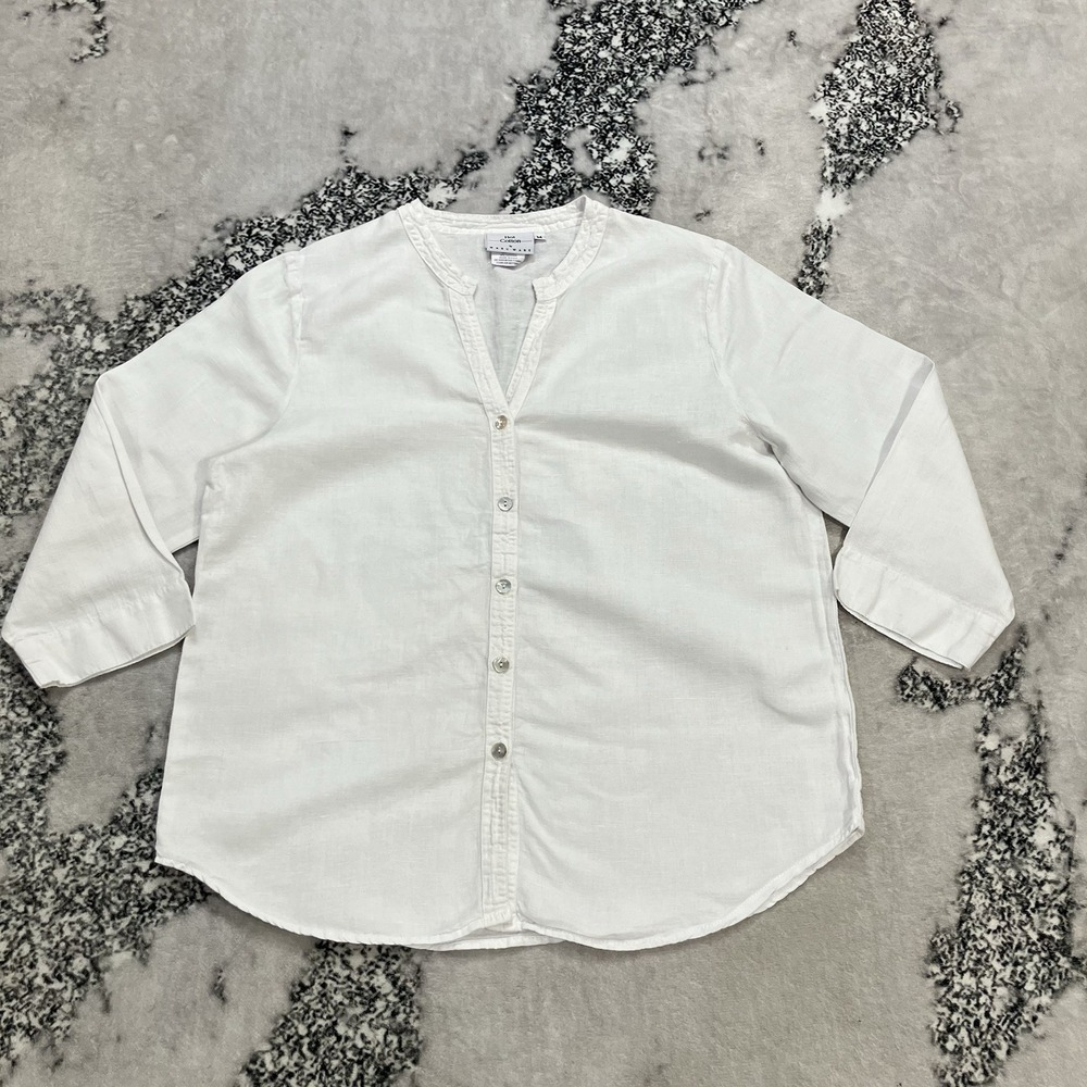 Hot Cotton White Linen Cotton Button Front Shirt 3/4 Sleeve Made In USA Medium